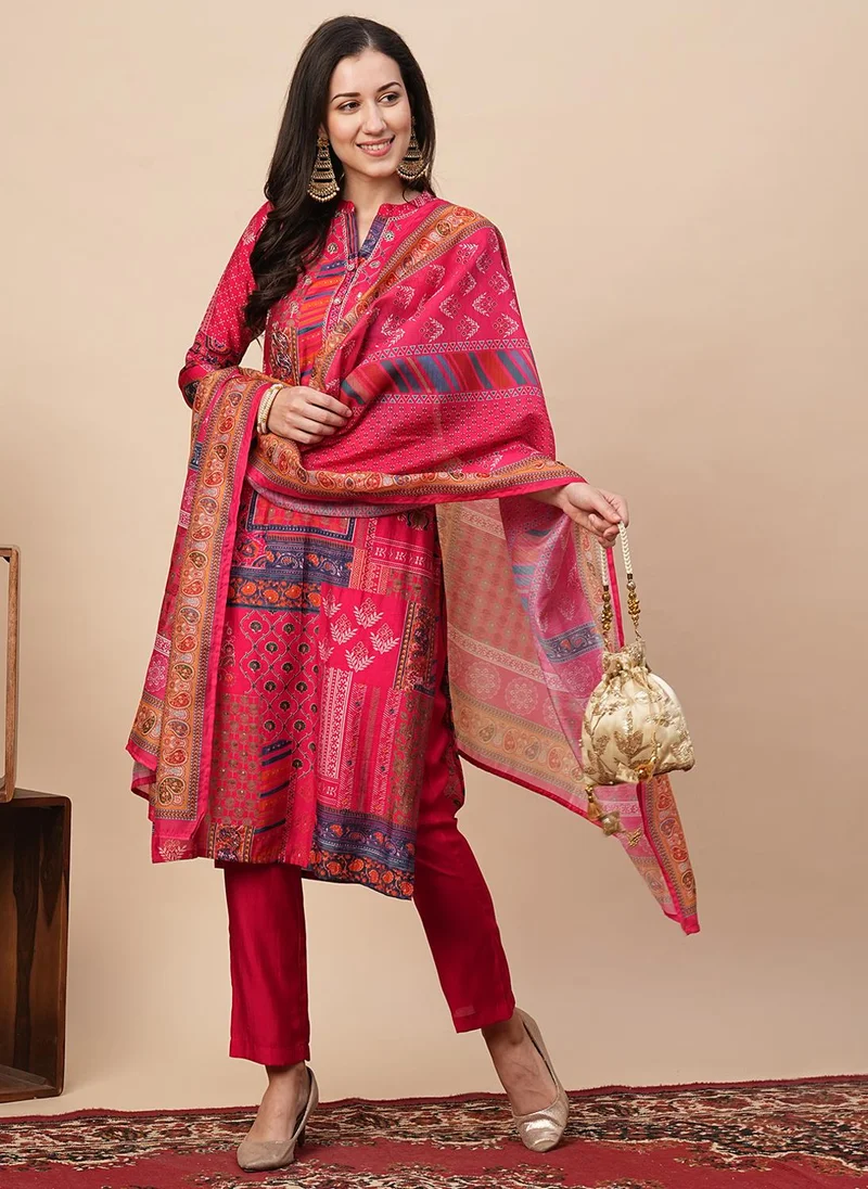 globus Globus Women Ethnic Motifs Printed Regular Thread Work Kurta With Trousers & Dupatta Festive Set